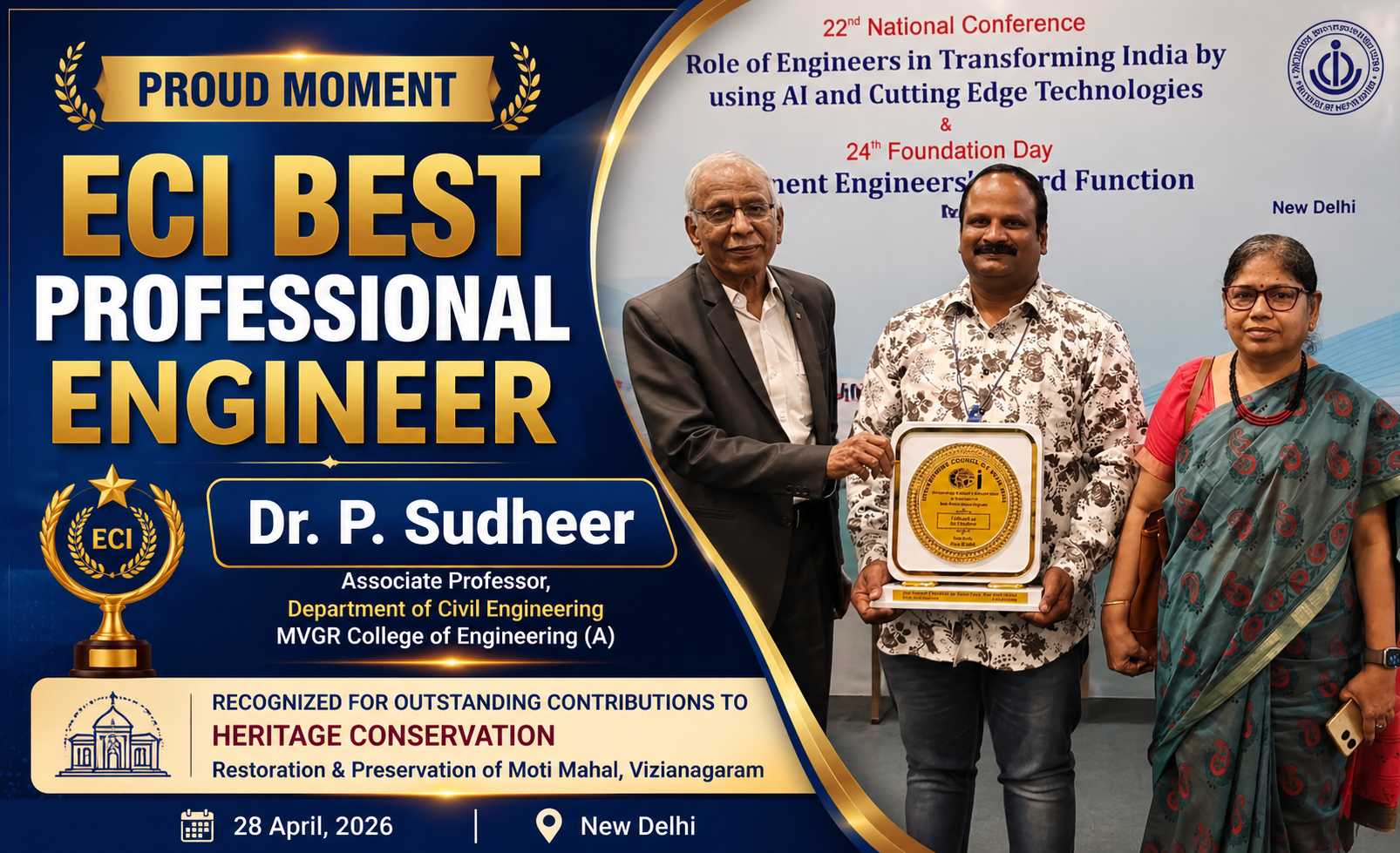 MVGR CIVIL FACULTY DR.P. SUDHEER CONFERRED BEST PROFESSIONAL ENGINEER AWARD BY ENGINEERS COUNCIL OF  INDIA